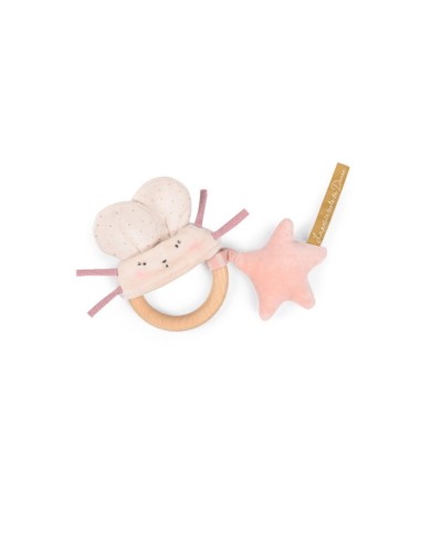 MOULIN ROTY - Hochet anneau en bois souris rose - La petite école de danse