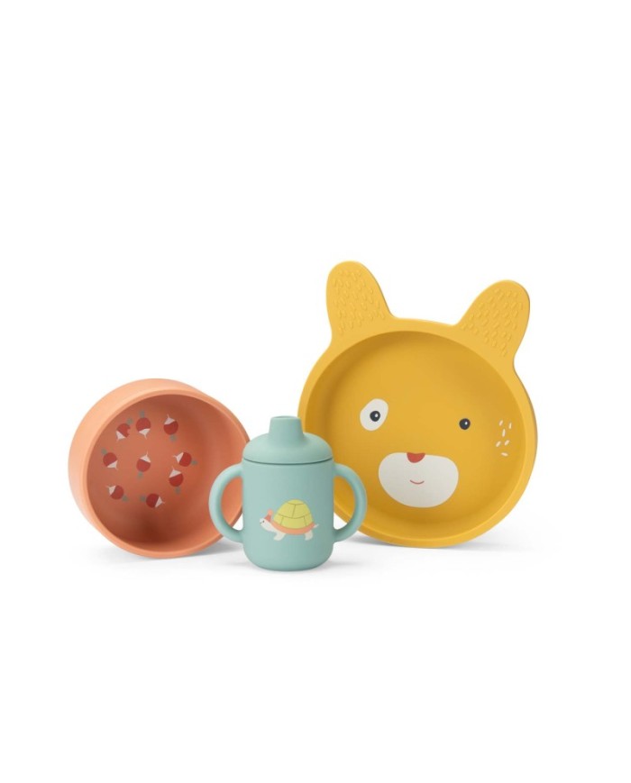 MOULIN ROTY - Set de vaisselle en silicone - Trois petits lapins